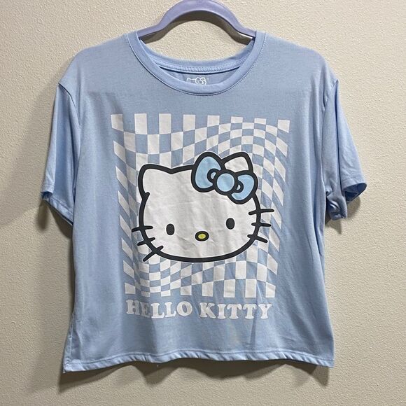 Hello Kitty by Sanrio Blue Checkerboard Cropped Graphic Tee Size M - Picture 3 of 10